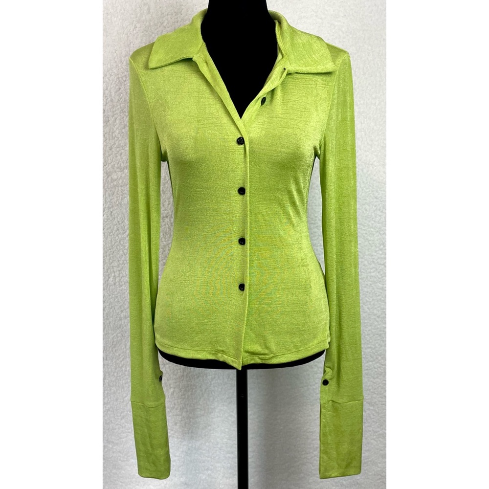 COMMENSE • Lime Green Exaggerated Long Sleeve Collared Button-Down Shirt, S - Picture 6 of 16